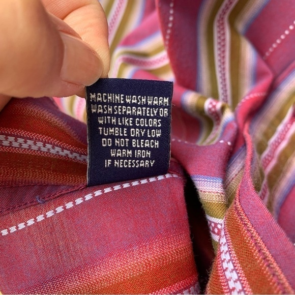 Robert Graham Striped Button Down Shirt L Burgundy Olive Blue Cotton Retro - Picture 10 of 12